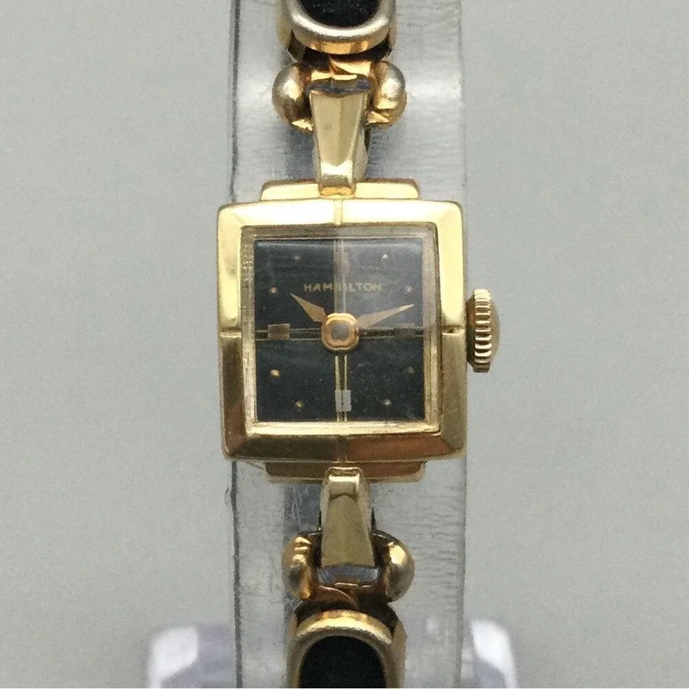 Vintage Hamilton Womens Watch 14mm 14K Gold Manual Wind Leather Band